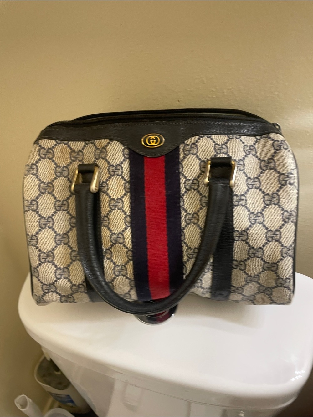 Gucci Beige GG Monogram Satchel with Red & Navy Web Stripe